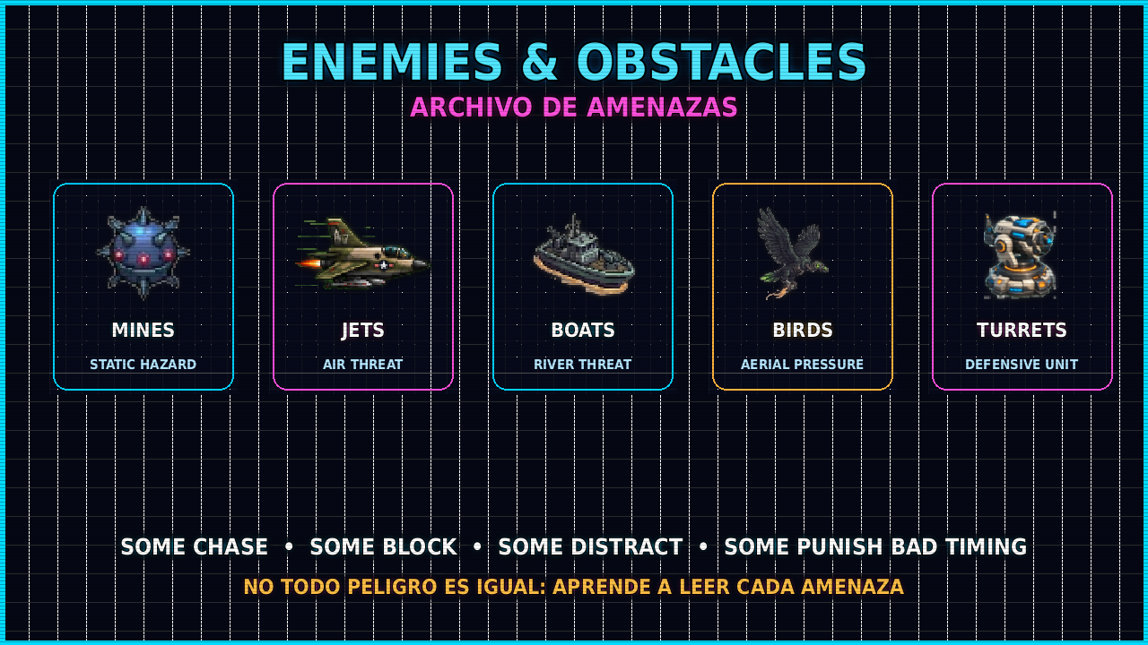 ALEXX SkyRider threat archive showing mines, jets, boats, birds and turrets.
