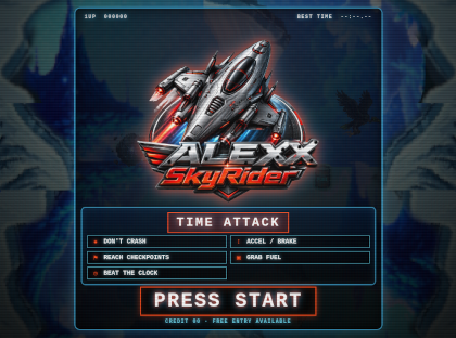 ALEXX SkyRider Time Attack artwork with PRESS START screen and challenge objectives.